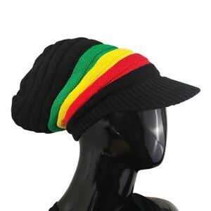 Rasta Brim Knit Slouch Beanie Hat -R